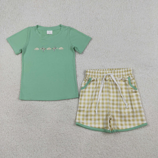 Embroidery BSSO1684 Cloud Plane Short Sleeve Yellow Checkerede Shorts Boys Set