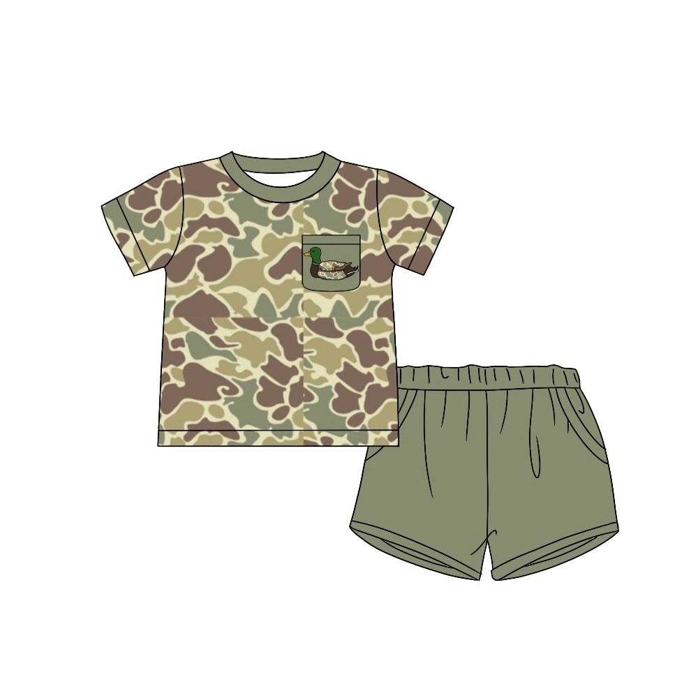 custom moq 3 duck camo hunting camo mallard pocket short sleeve dark green shorts boys set