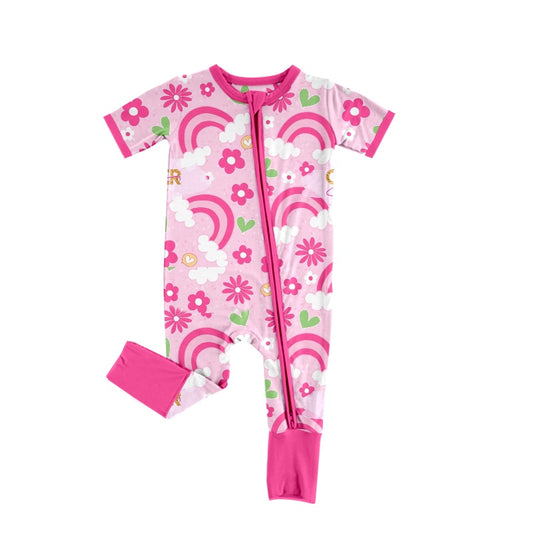 preorder SR0939 Rainbow Flowers Hot Pink Short Sleeve Zipper Girls Romper