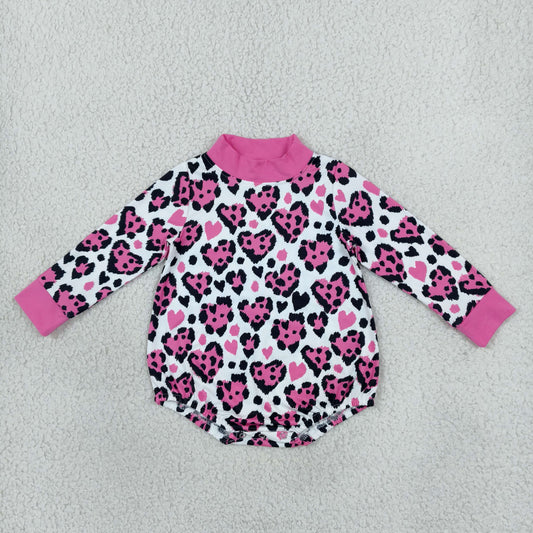 LR3332 Valentine's Day Heart Leopard Hot Pink Long Sleeve Girls Romper