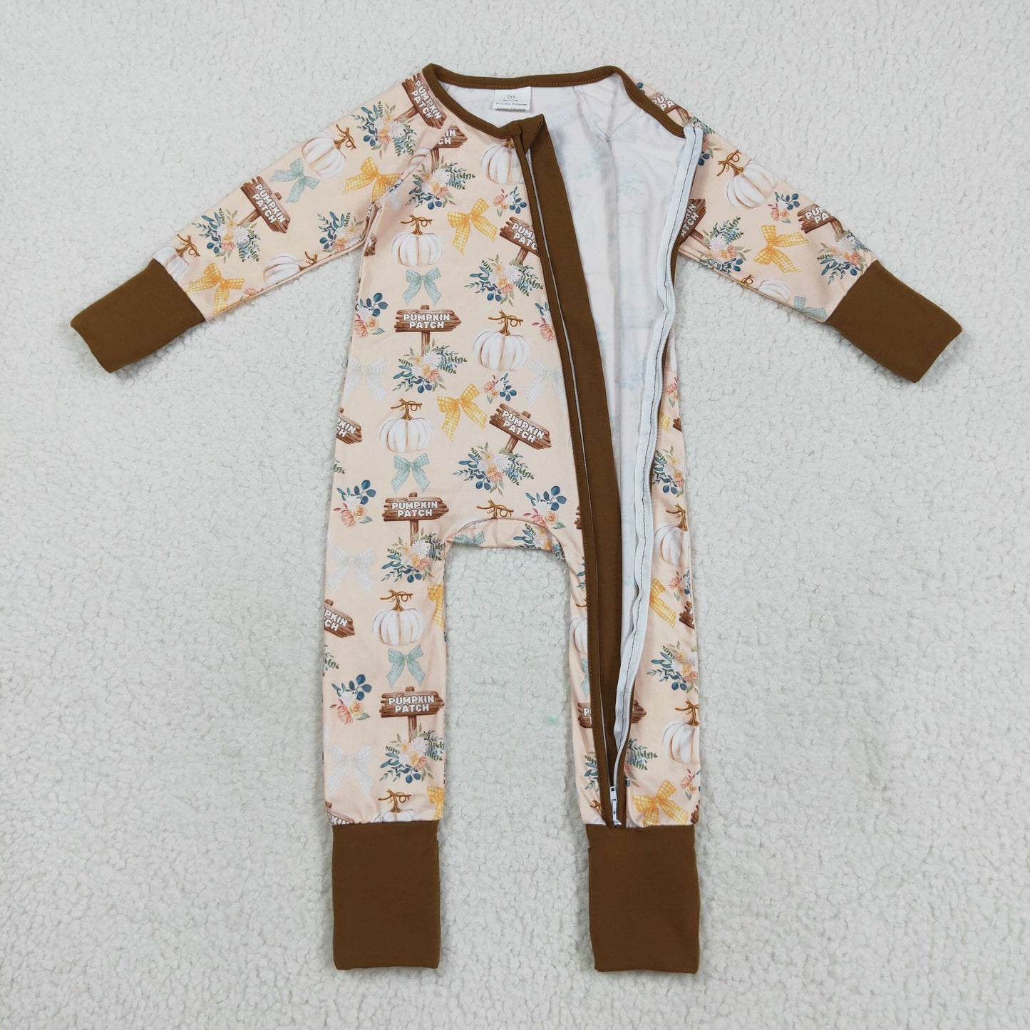 Custom moq 20 bamboo Autumn pumpkin patch flowers zipper long sleeve girls  romper