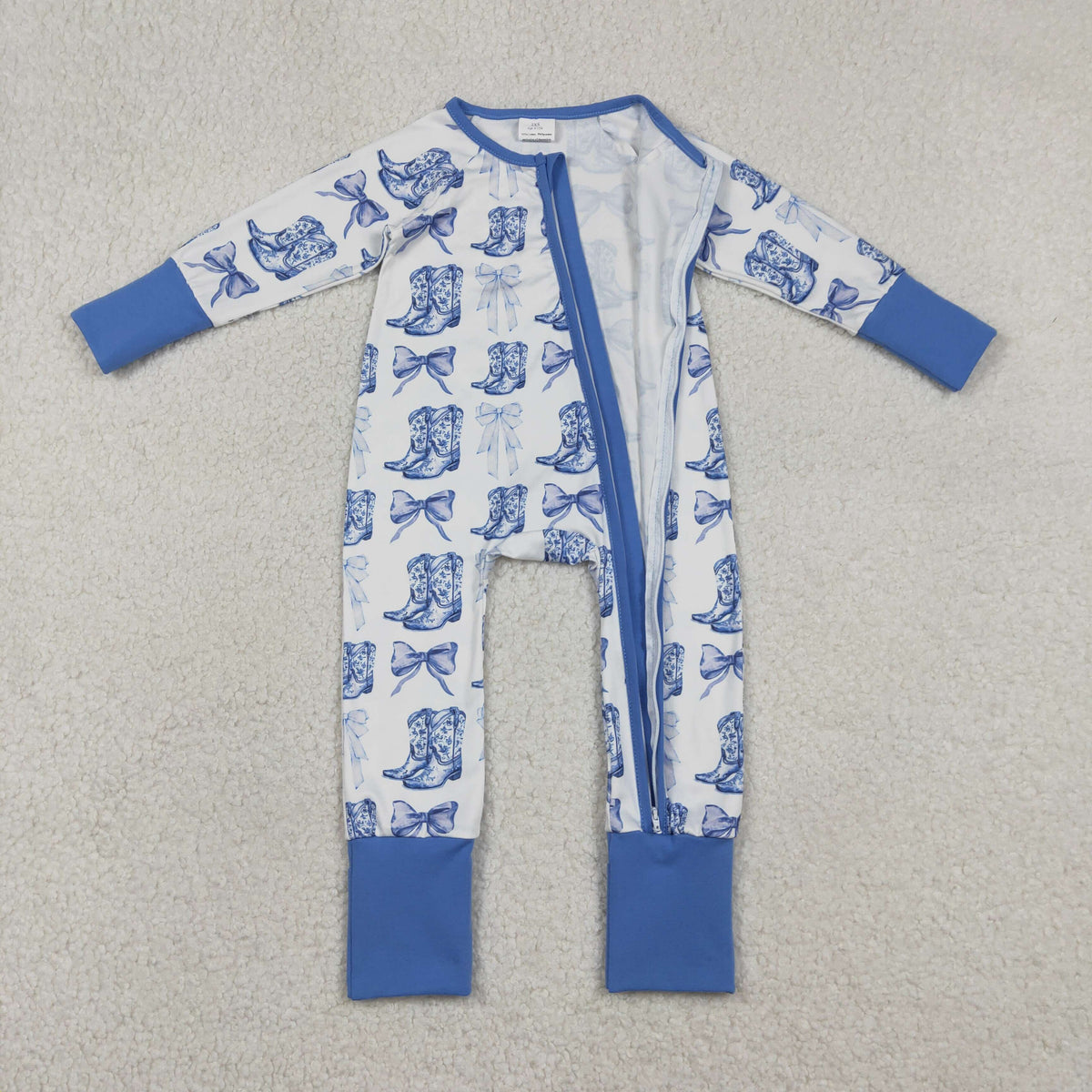 LR2420 Western boot bows blue zipper long sleeve girls romper