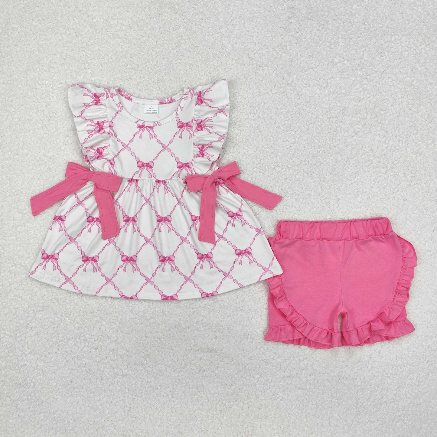 GSSO1620 hot pink bows flutter sleeve hot pink ruffles shorts girls set