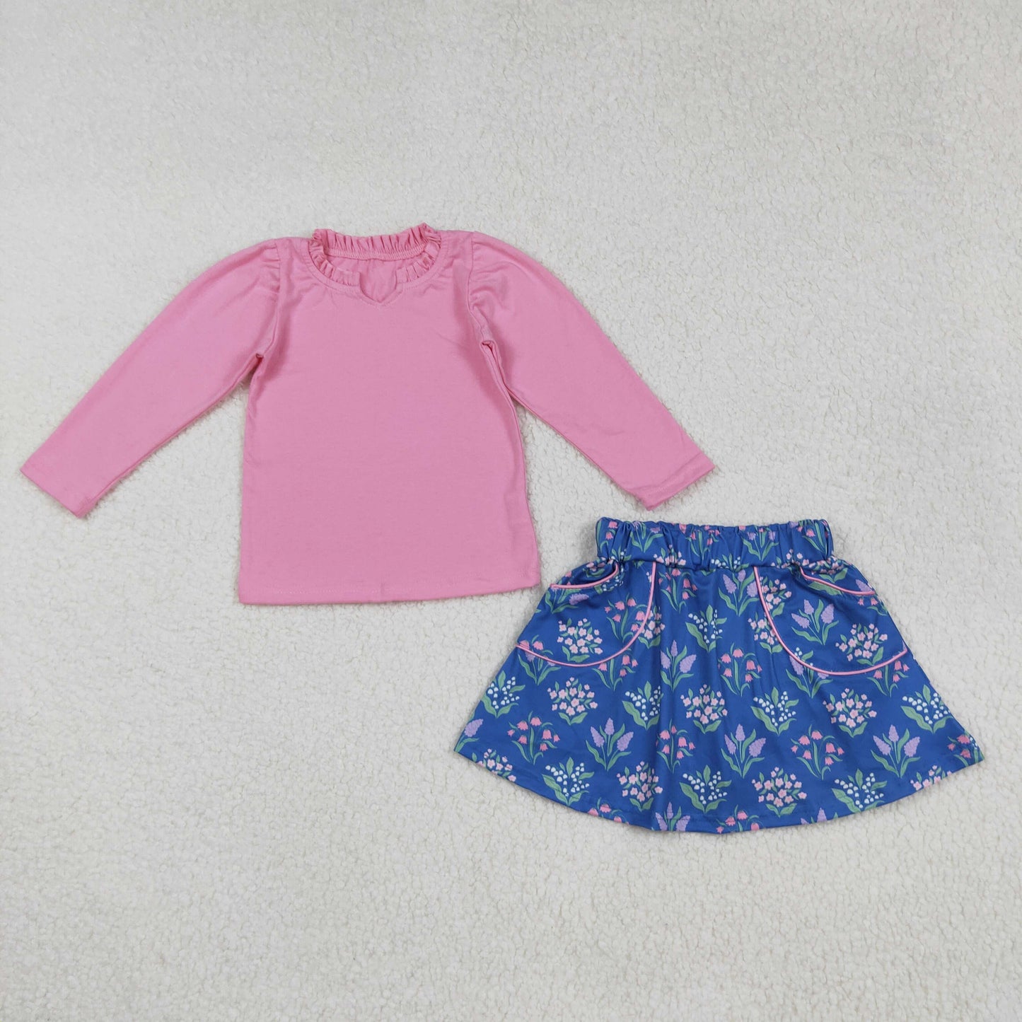 GLD1256 pink long sleeve colorful flowers floral blue skirt girls set