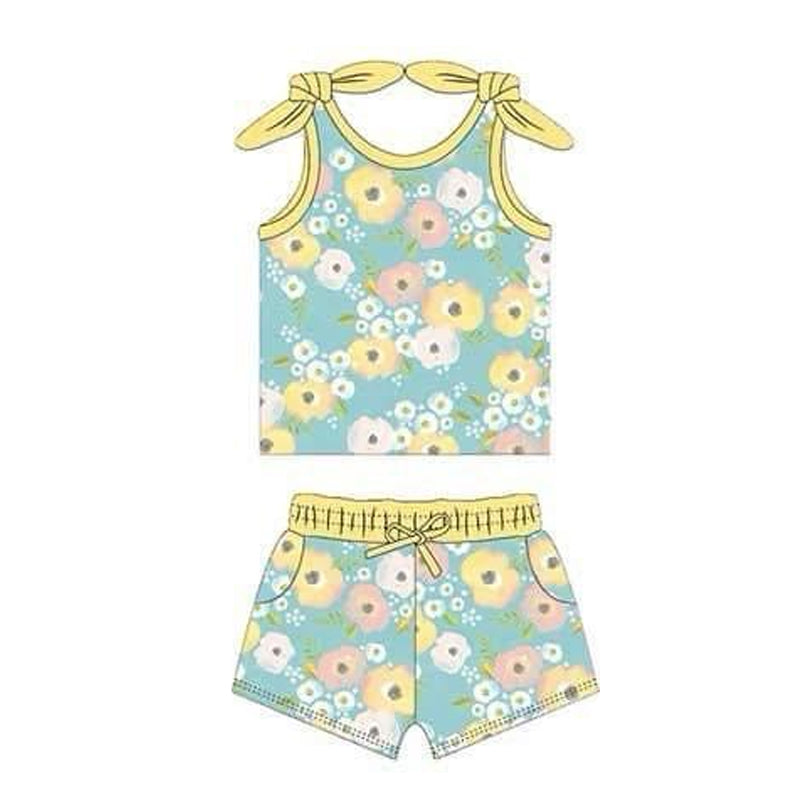 preorder yellow flowers Summer sleeveless shorts girls set