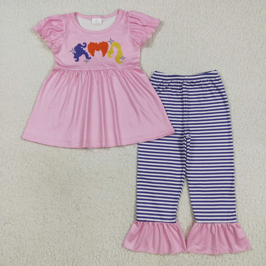 GSPO2043 Halloween witch pink short sleeve striped pants girls set
