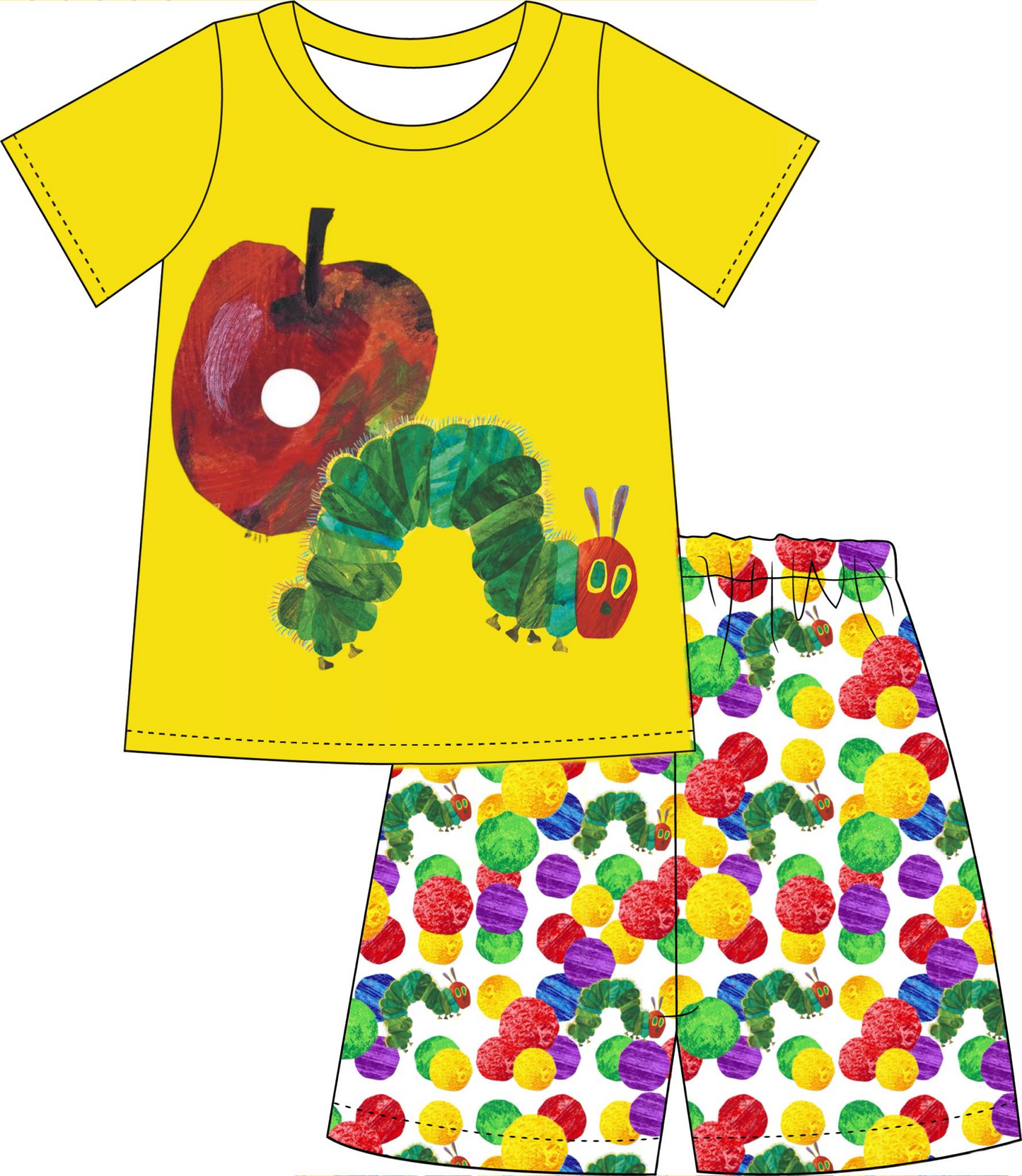 custom style cartoon caterpillar yellow short sleeve colorful dot shorts boys set tat 6-8 weeks