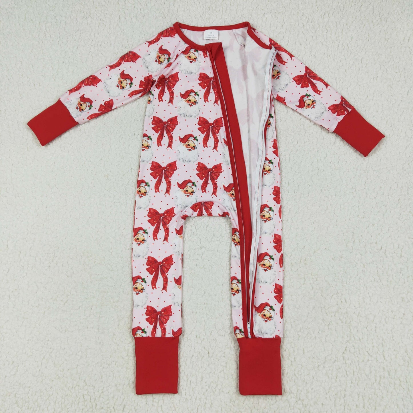 Custom moq 20 bamboo Christmas Santa bows red zipper long sleeve girls romper