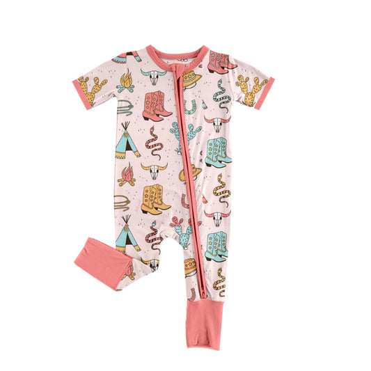 preorder Western Cow Boot Snake Pink Short Sleeve Zipper Girls Romper