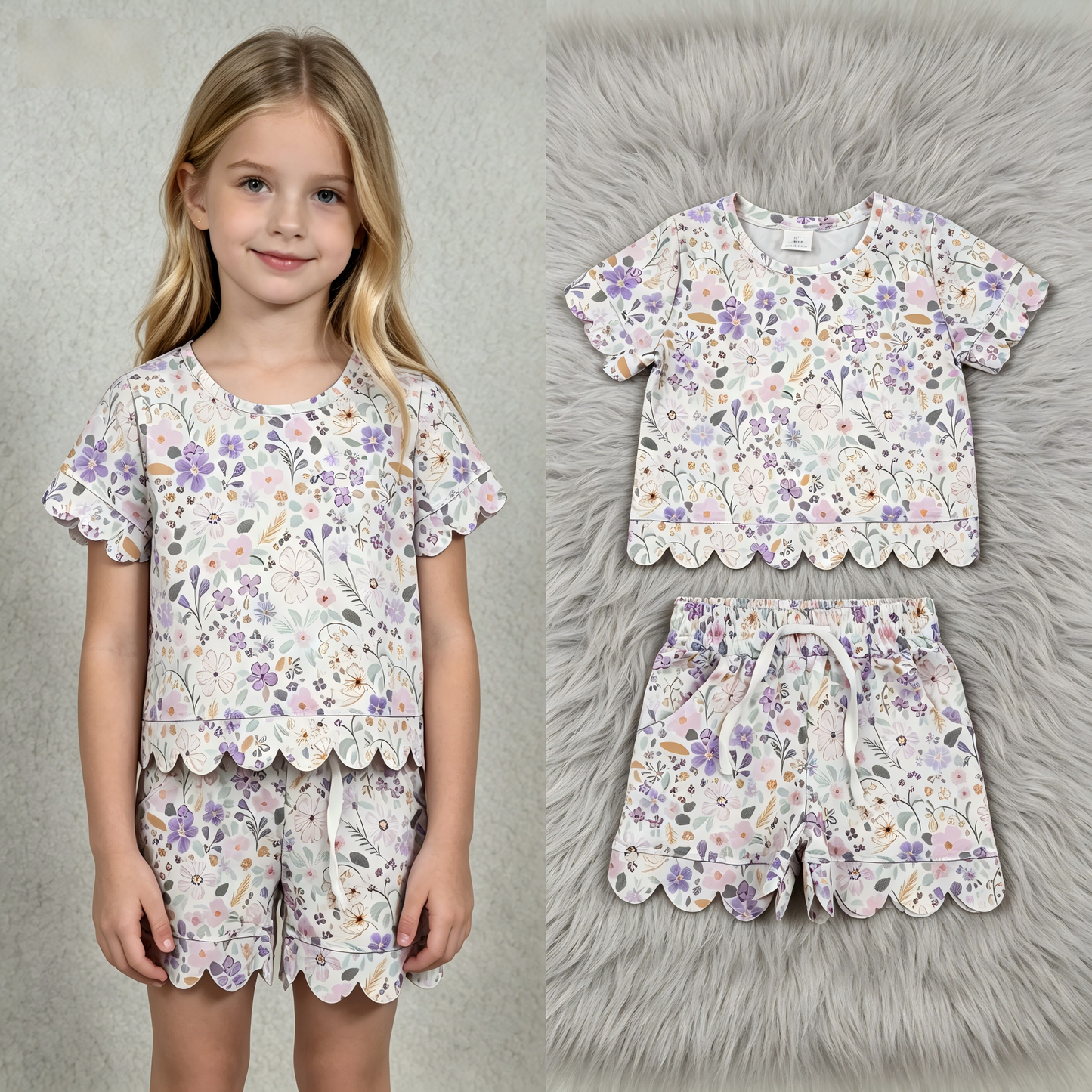 GSSO3267 Scallop Flowers Purple Short Sleeve Shorts Girls Set