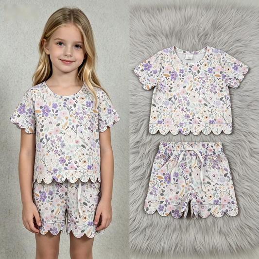 GSSO3267 Scallop Flowers Purple Short Sleeve Shorts Girls Set