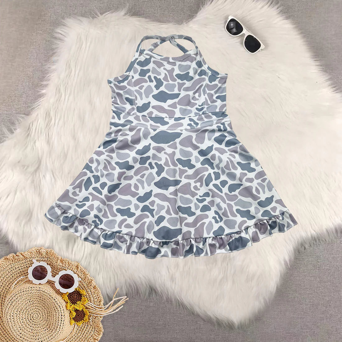 yoga dress with shorts camo/bows RTS Sibling Clothes
