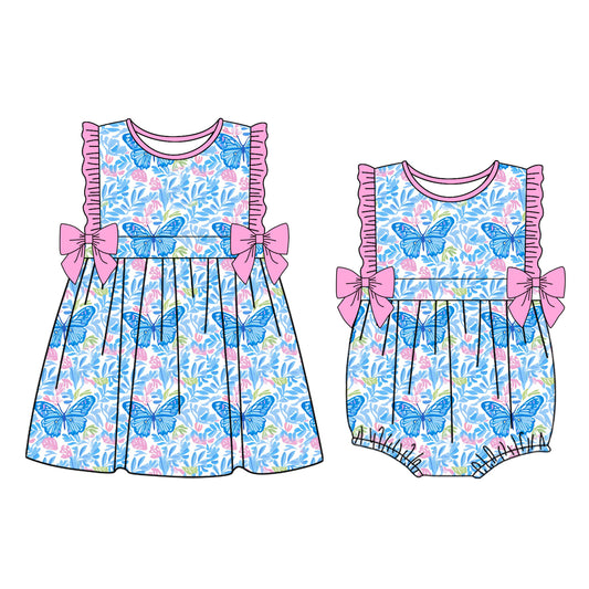 custom moq 5 Flowers Blue Butterfly Dress/Romper Sibling Clothes