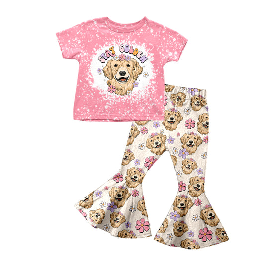 preorder GSPO1164 Stay Golden Dog Flowers Pink Short Sleeve Pants Girls Set