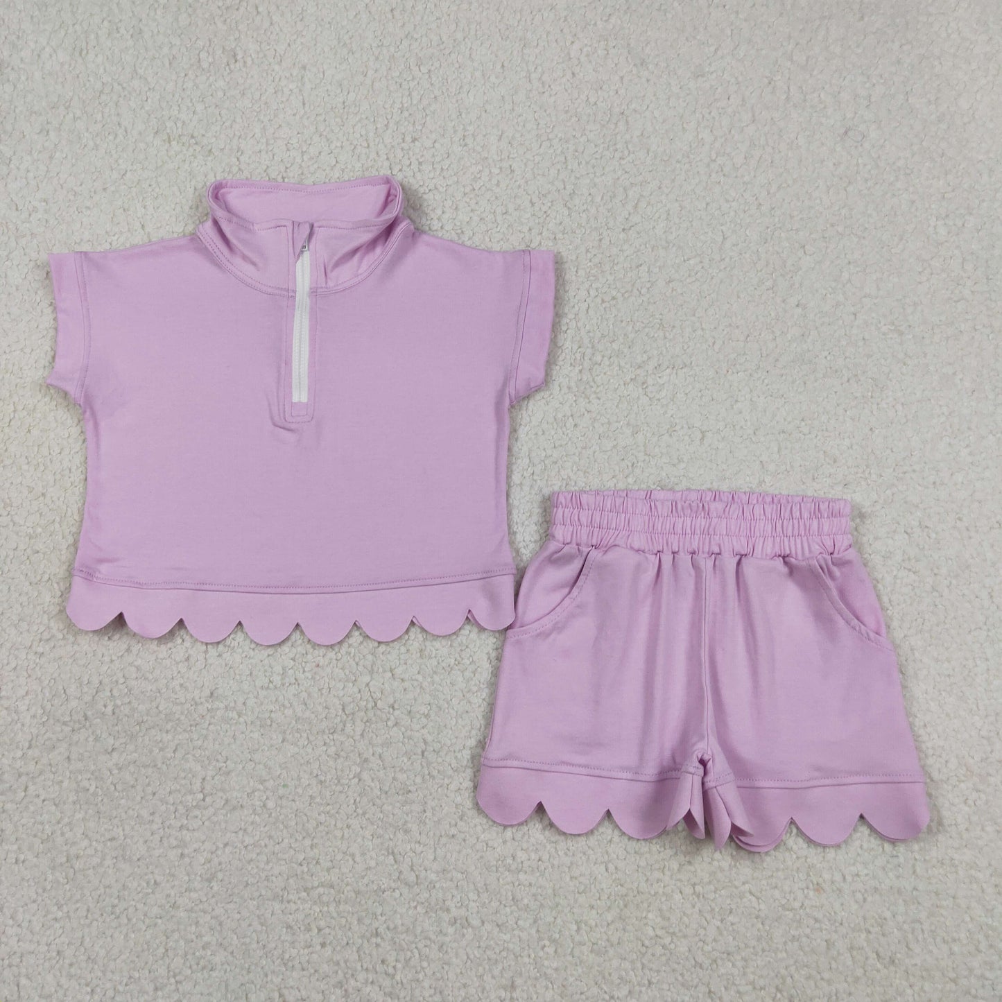 GSSO3378 Light Pink Zipper Short Sleeve Shorts Girls Set