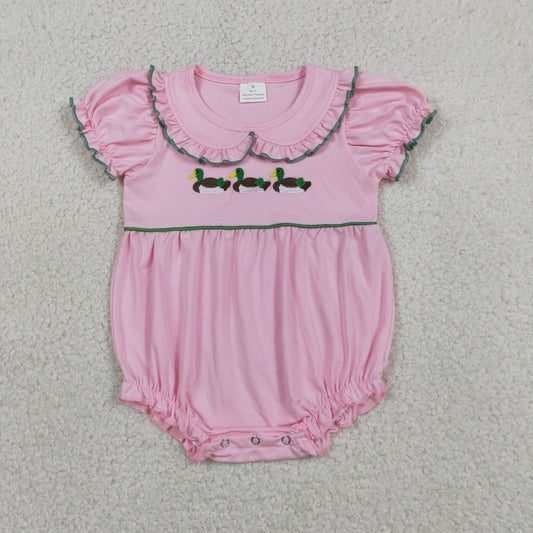 Embroidery SR3532 Hunting Mallard Duck Pink Short Sleeve Girls Romper