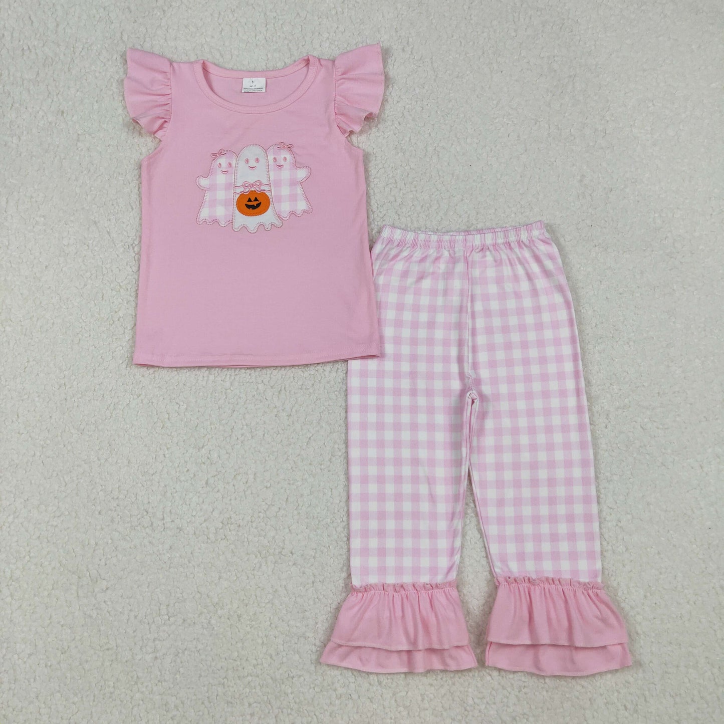 embroidery GSPO2058 Halloween spooky pumpkin blue flutter sleeve pink  checkered pants girls set