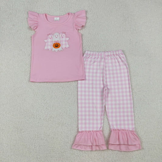 embroidery GSPO2058 Halloween spooky pumpkin blue flutter sleeve pink  checkered pants girls set
