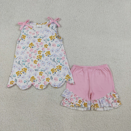 GSSO3392 Scallop Flowers Bows Sleeveless Pink Shorts Girls Set