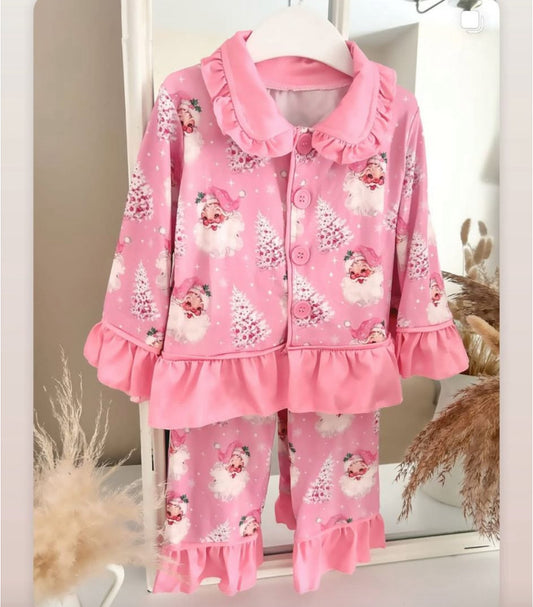 preorder Christmas Santa tree pink long sleeve pants girls pajamas