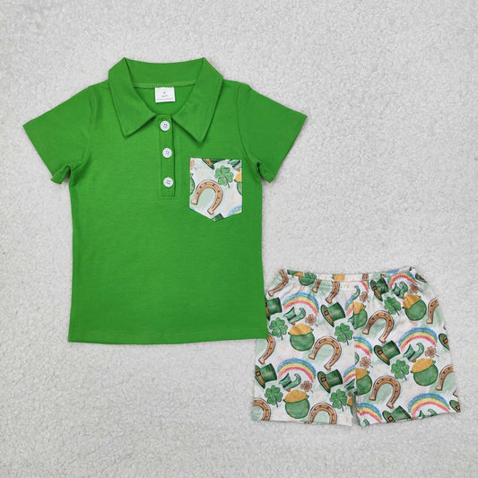 BSSO1165 St.Patrick Green Pocket Short Sleeve Clover Hat Shorts Boys Set