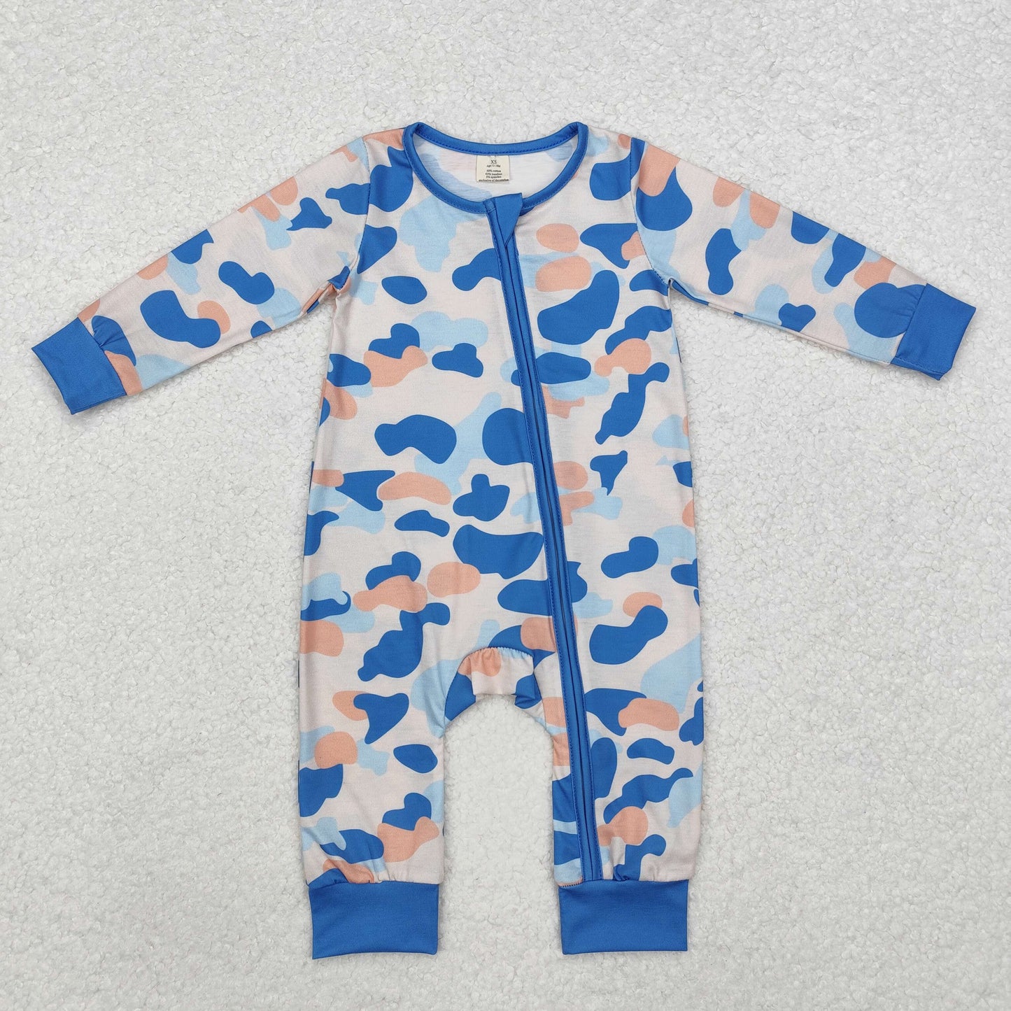 bamboo LR1574 blue camo long sleeve zipper boys romper