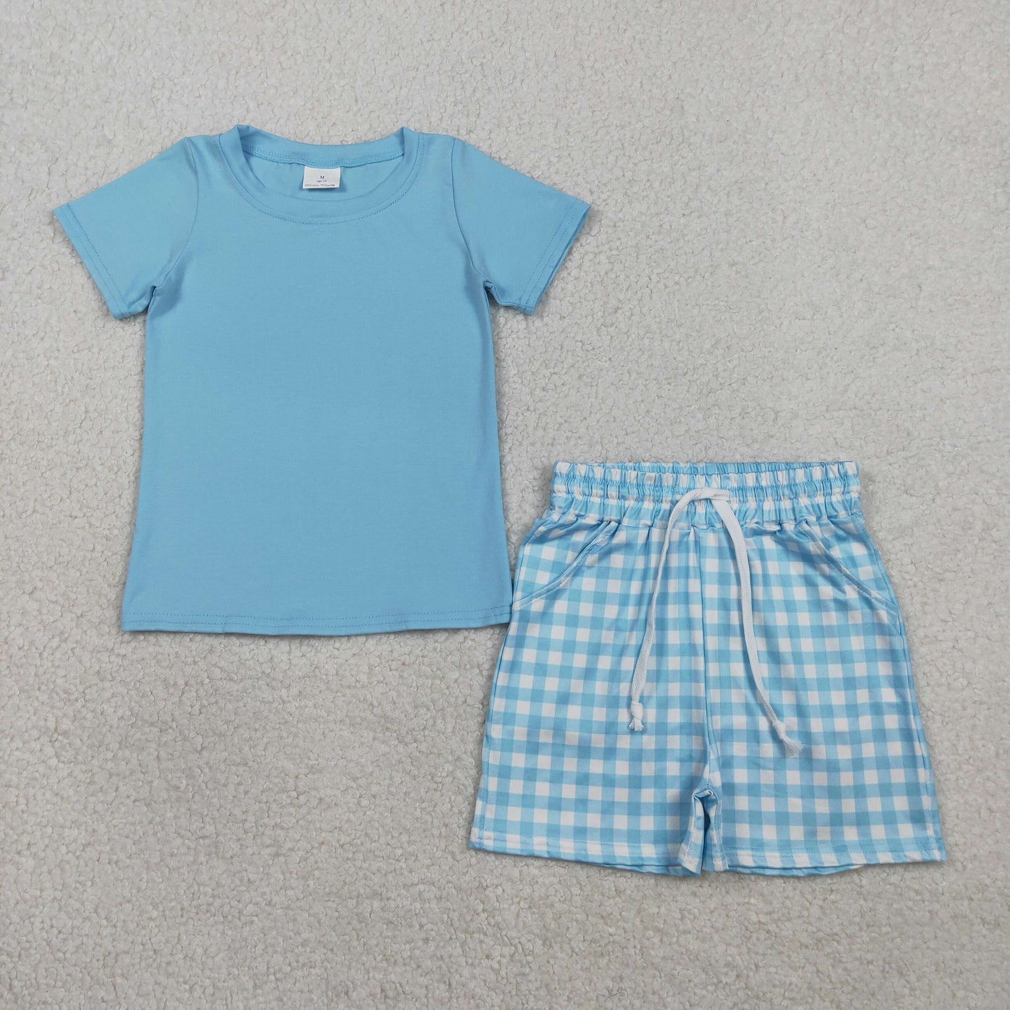 BSSO1883 Blue Short Sleeve Blue Checkered Shorts Boys Set