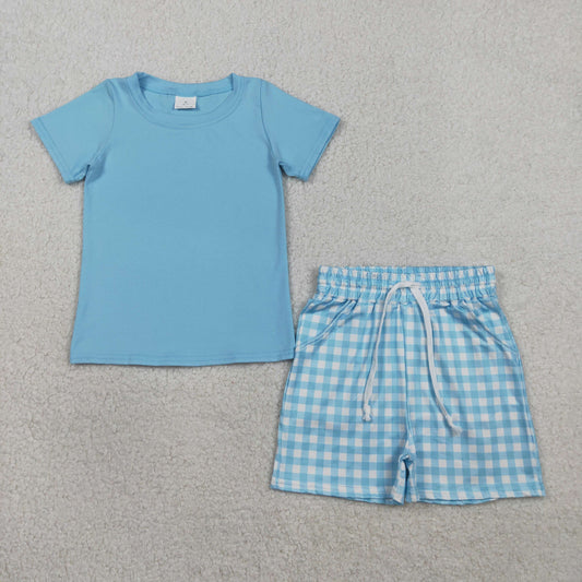 BSSO1883 Blue Short Sleeve Blue Checkered Shorts Boys Set