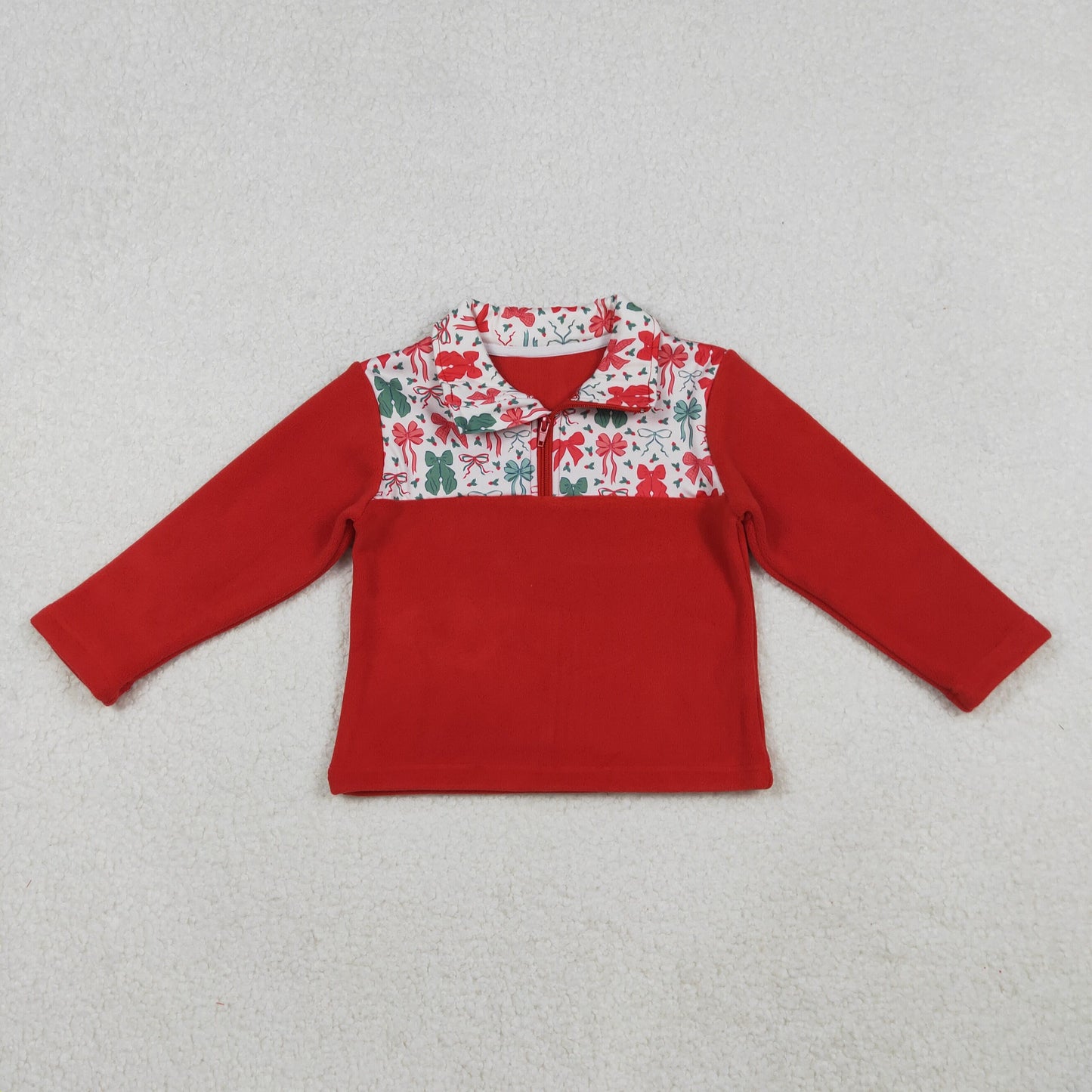 GT1150 sherpa Christmas red green bows zipper long sleeve girls top