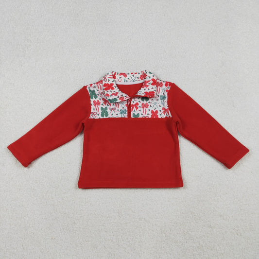 GT1150 sherpa Christmas red green bows zipper long sleeve girls top