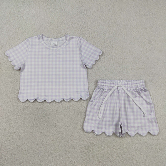 GSSO3181 Scallop Purple Checkered Short Sleeve Shorts Girls Set