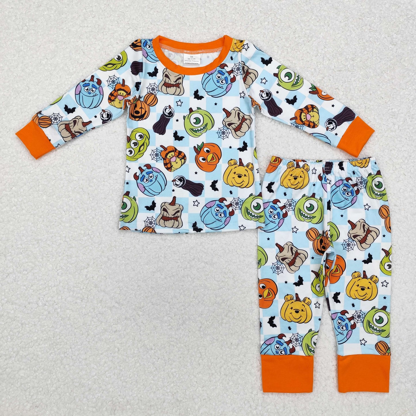BLP0809 cartoon animals toy pumpkin blue checkered long sleeve pants boys pajamas