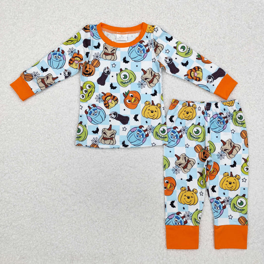BLP0809 cartoon animals toy pumpkin blue checkered long sleeve pants boys pajamas