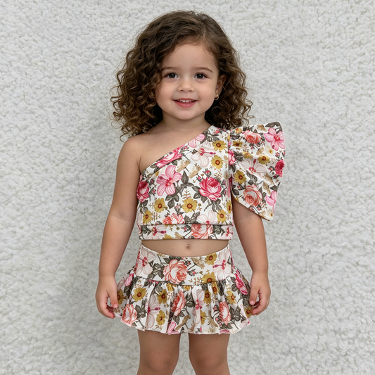 GBO0157 Colorful Flowers Single Sleeve Girls Bummies Set