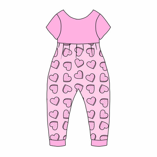 custom Valentine's Day pink heart short sleeve girls romper