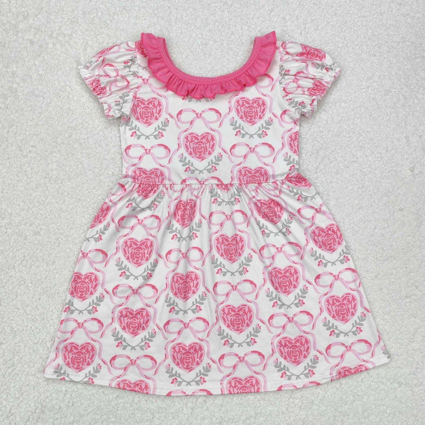 GSD1512 Valentine's  Day hot pink heart bows flowers short sleeve girls dress