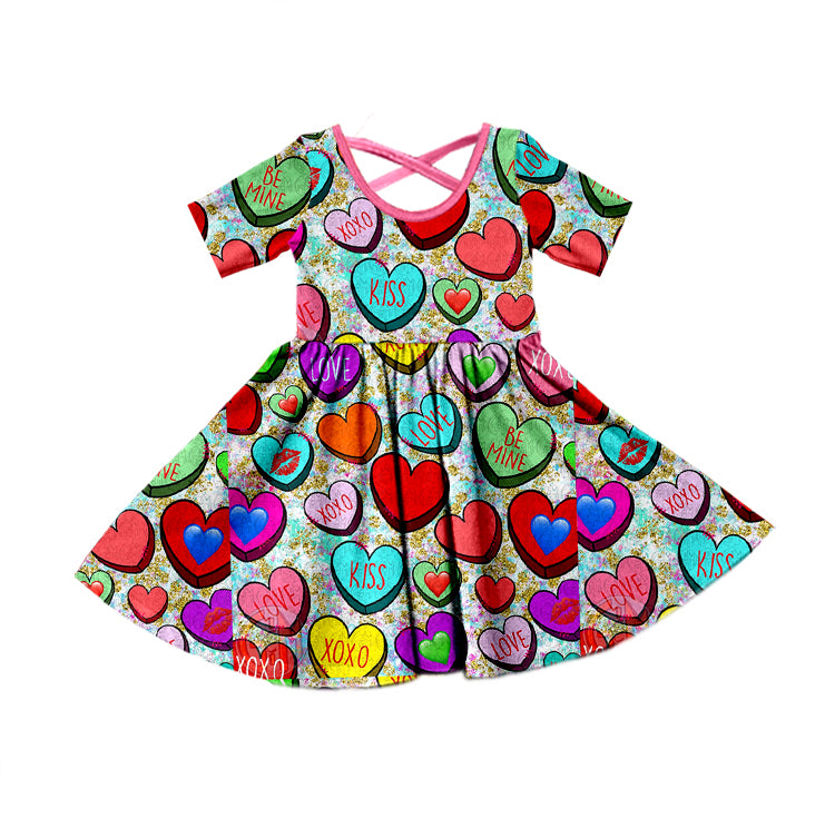 preorder GSD0630 Valentine's Day Colorful Heart Short Sleeve Girls Dress