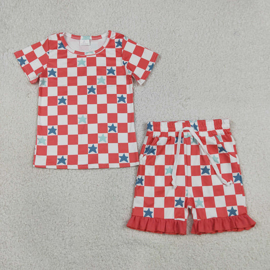 GSSO3293 July 4th Star Red Checkered Short Sleeve Shorts Girls Set