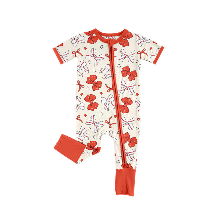 MOQ 3 Custom Baseball Bows Red Short Sleeve Zipper Girls Romper