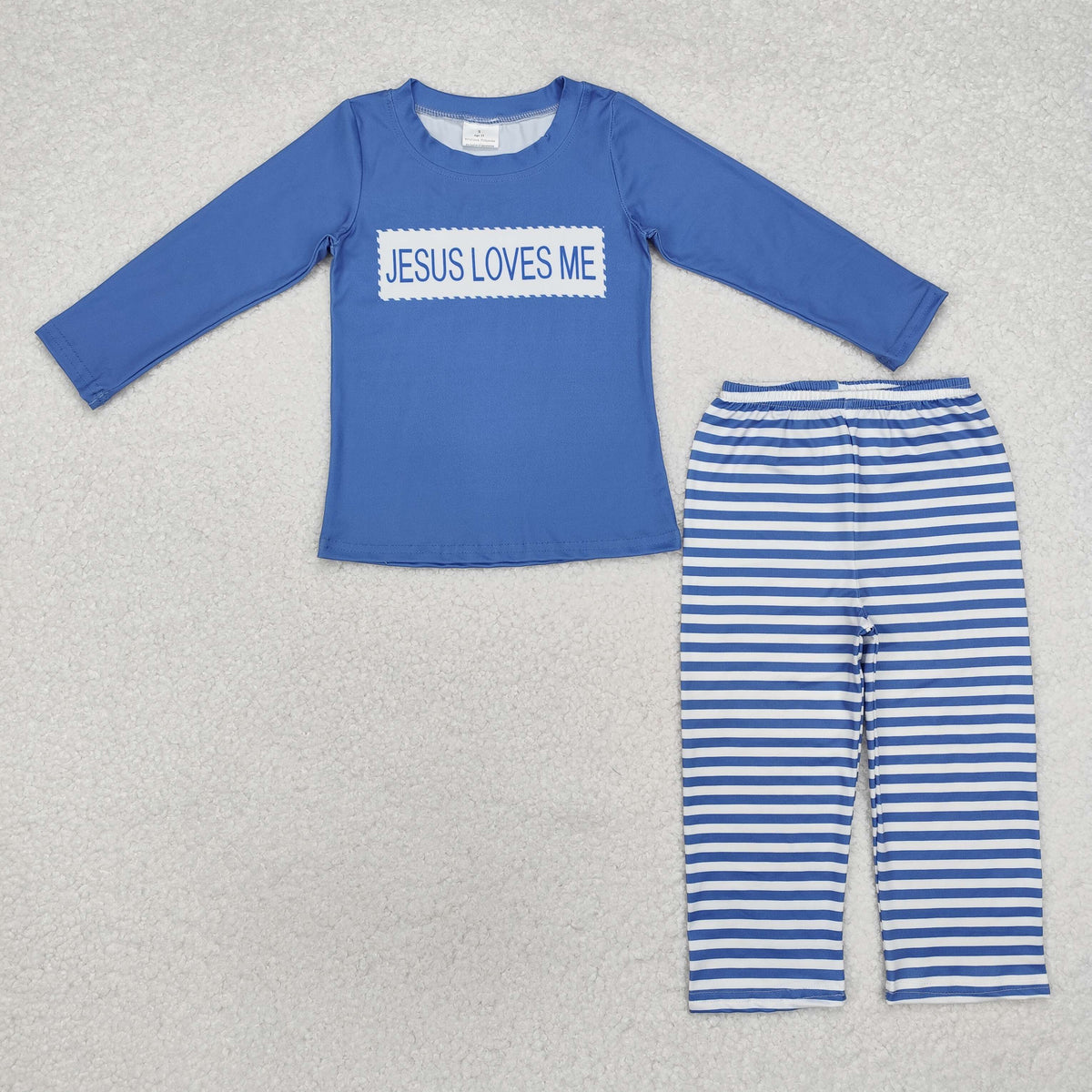 BLP0766 Jesus Loves Me blue long sleeve blue striped pants boys set