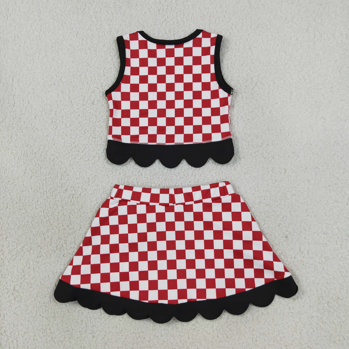 GSD4287 Yoga Scallop Team Red Checkered Sleeveless Bows Skorts Girls Set