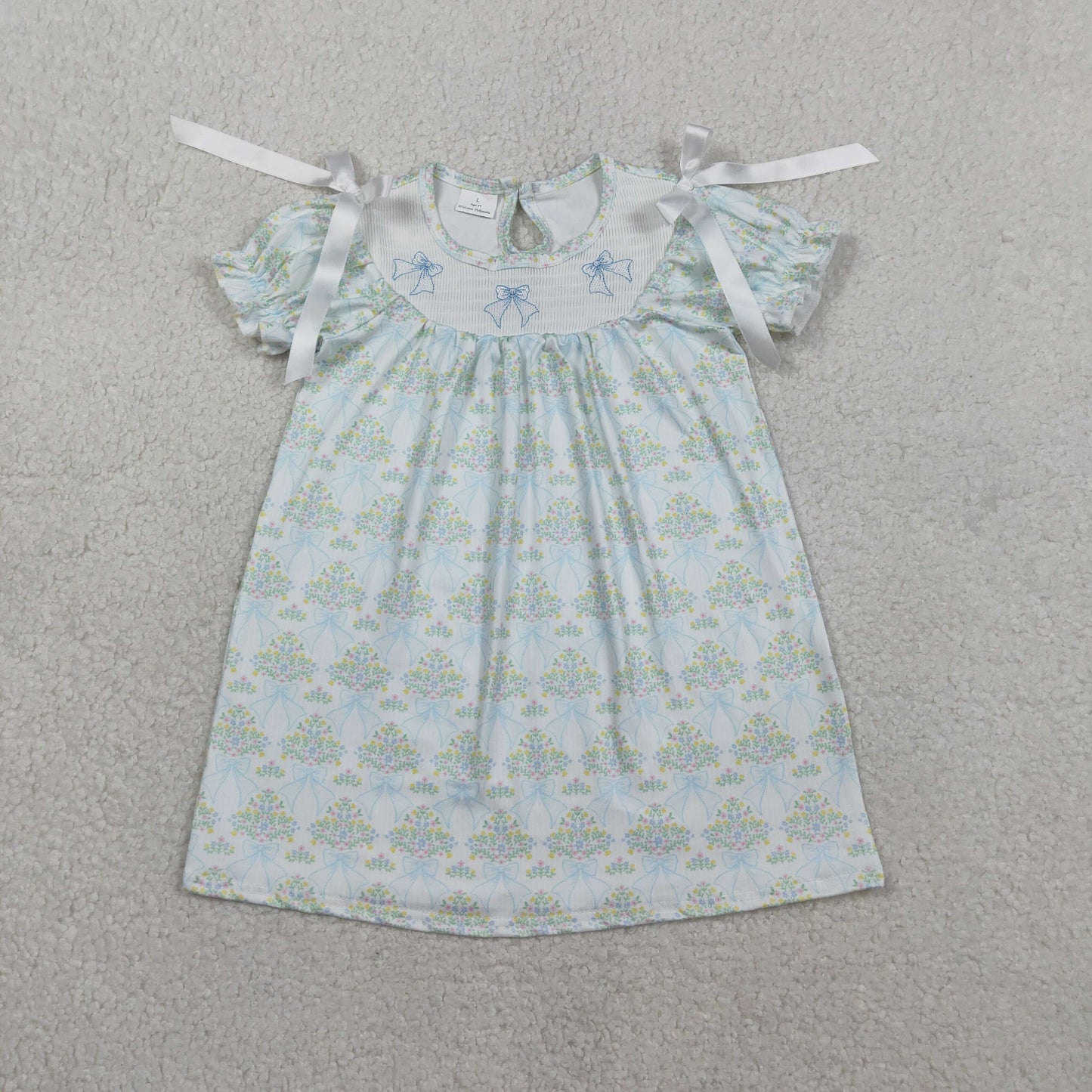 Embroidery GSD3046 Blue Bows Flowers Short Sleeve Girls Dress