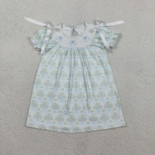 Embroidery GSD3046 Blue Bows Flowers Short Sleeve Girls Dress