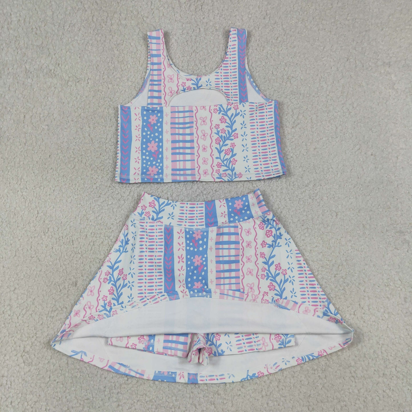 GSD1995 yoga pink flowers blue flowers sleeveless skirt with shorts girls set