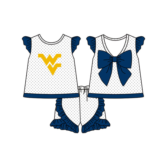 custom style West Virginia navy blue flutter sleeve dot shorts girls set