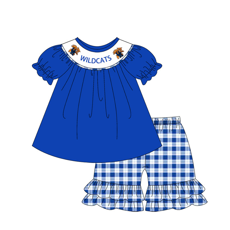 Cutom Moq 3 Football Team Wild Cats Blue Short Sleeve Checkered Shorts Girls Set