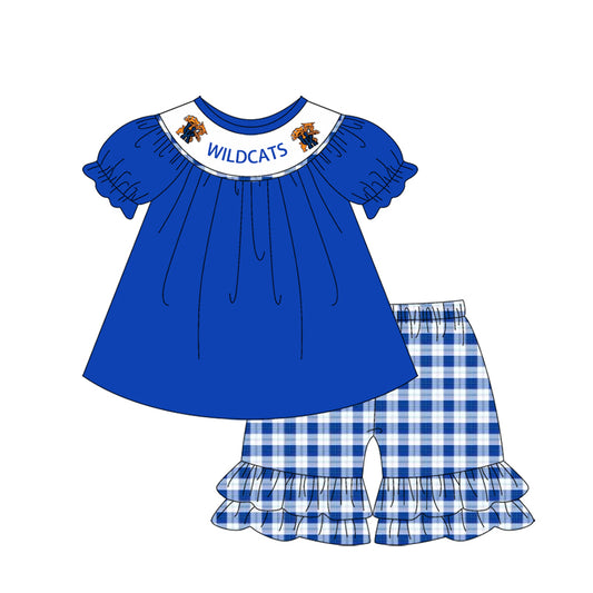 Cutom Moq 3 Football Team Wild Cats Blue Short Sleeve Checkered Shorts Girls Set