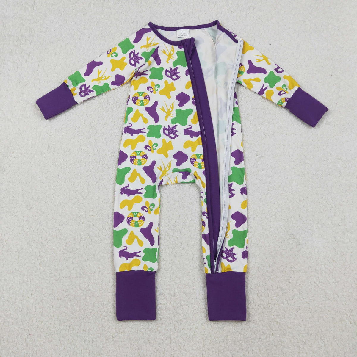 Mardi Gras purple green yellow camo mask romper/set RTS Sibling Clothes