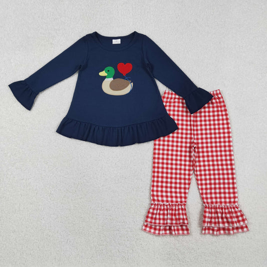 embroidery GLP2912 Valentine's Day heart mallard duck navy blue long sleeve red checkered pants girls set