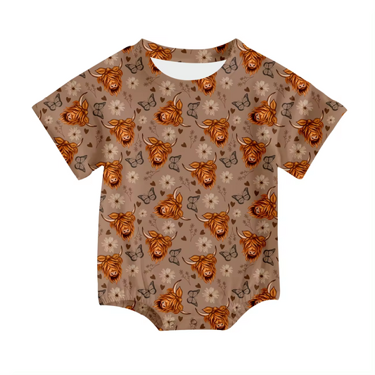 Custom butterfly flowers highland cow short sleeve baby romper